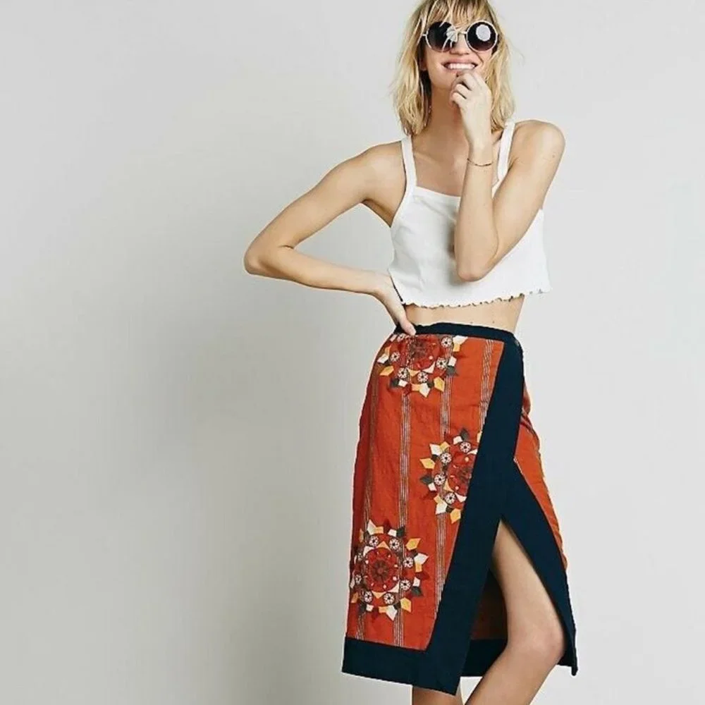 NWOT Free People Songbird Embroidered Cotton Wrap Skirt
